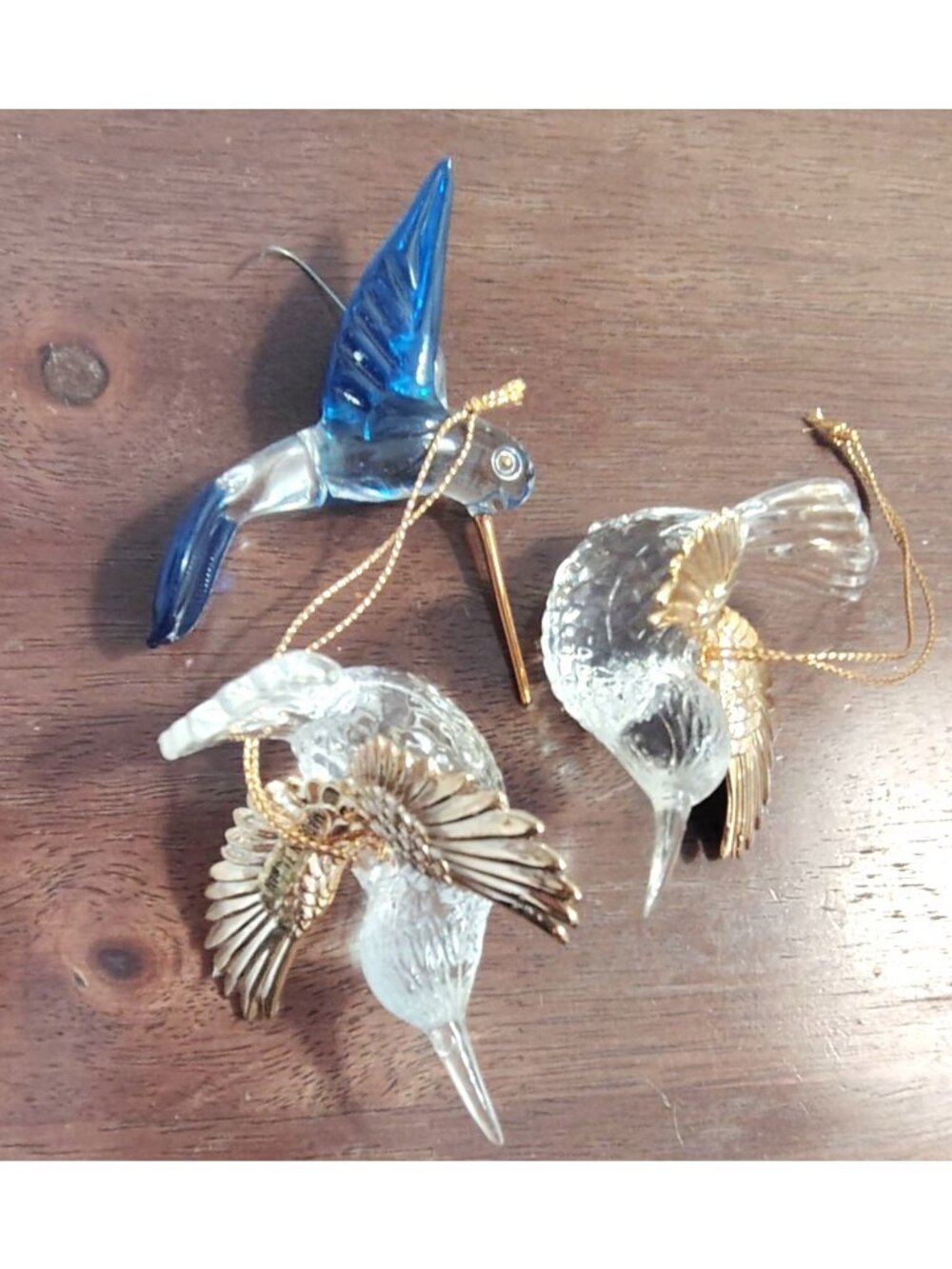 Vintage Set of 3 Hummingbird Bird Ornaments, Blown Glass, Clear Gold Tone Wings